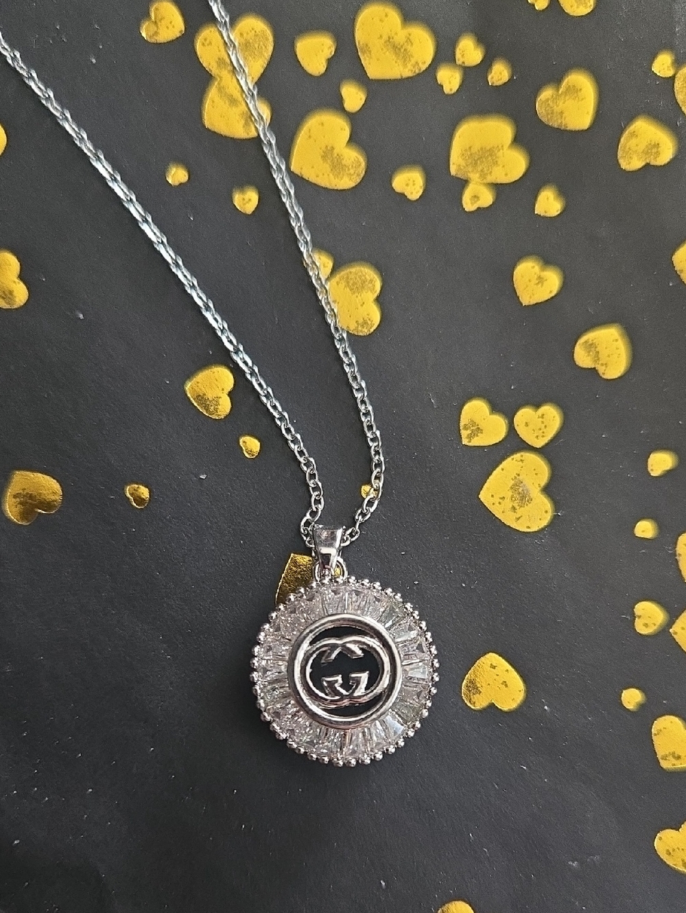 Silver Logo Baguette Crystal Pendant Necklace G Initials